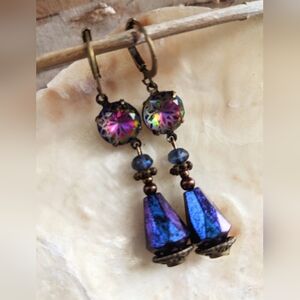 Victorian Rustic Mettalic Blue & Volcano Glass Flower Dangle Earrings On Brass